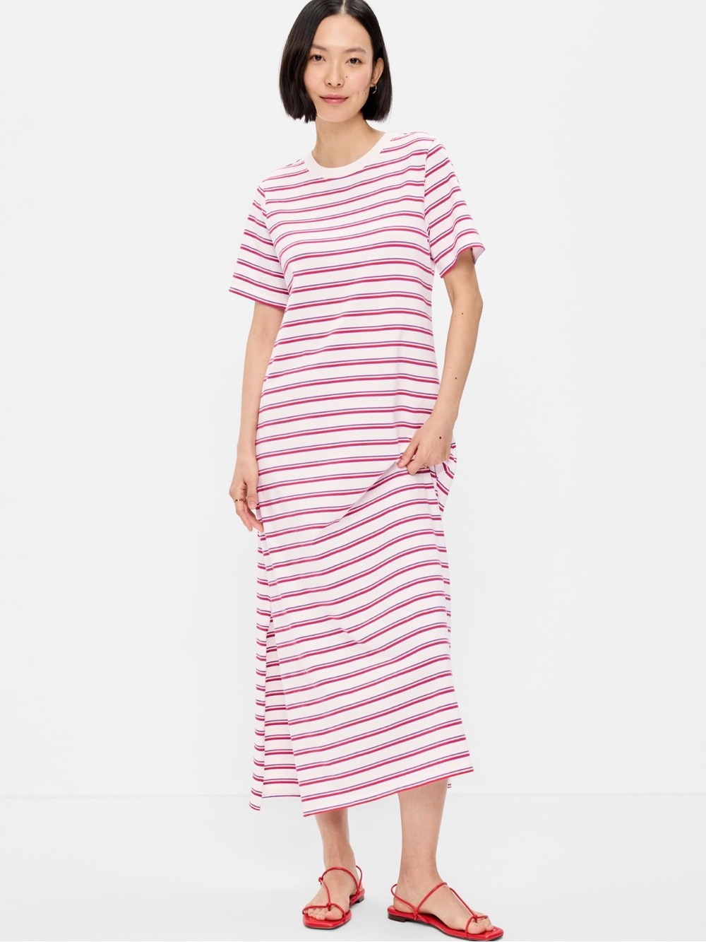 Vintage Crew-Neck Striped Maxi T-Shirt Dress NWOT White Red Blue Size L Regular